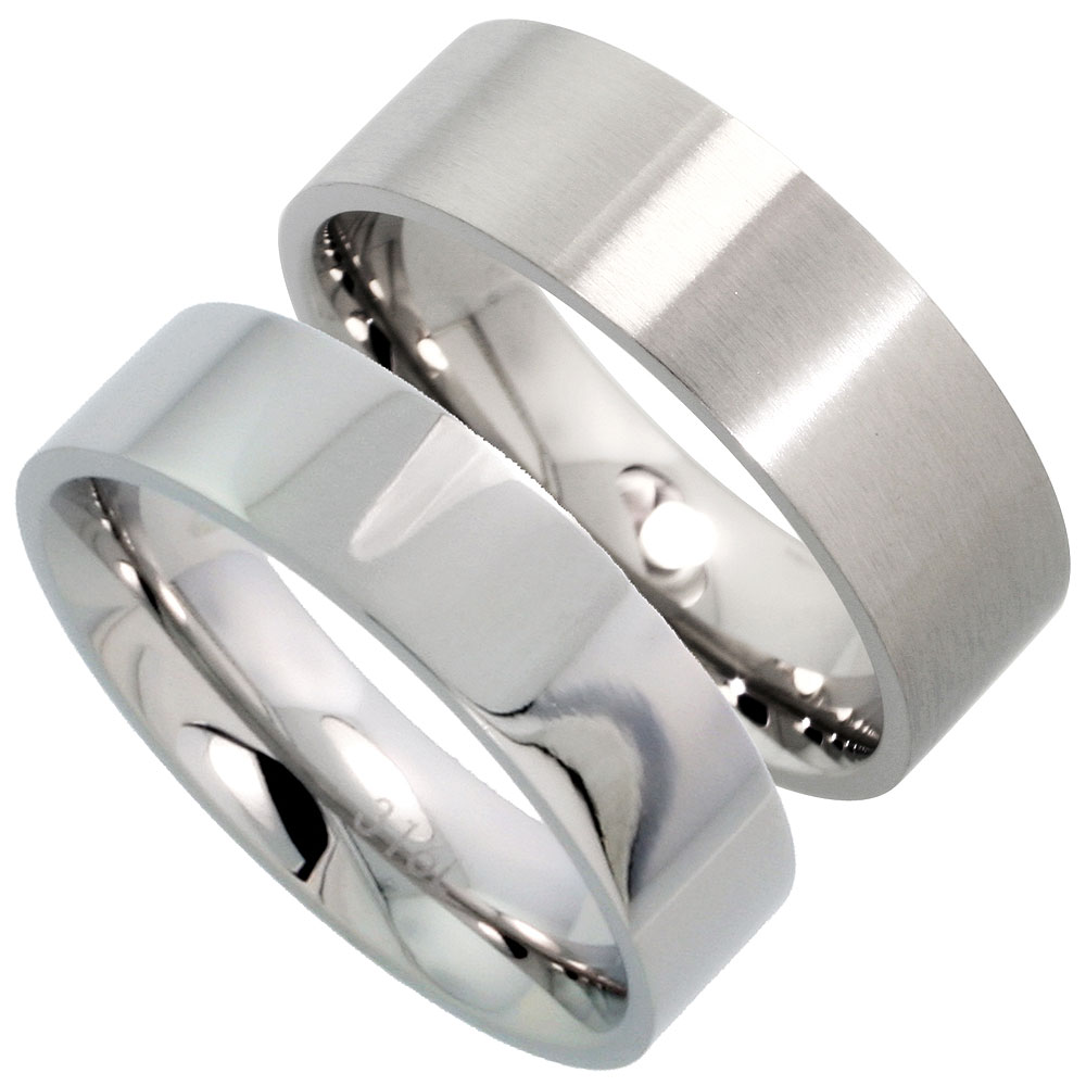 Stainless Steel Plain Wedding Band Set Flat 8 &amp; 6 mm His &amp; Hers Comfort Fit, sizes 5 - 15