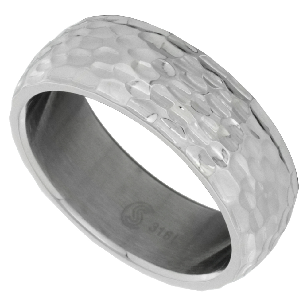 Surgical Stainless Steel 8mm Hammered Wedding Band Ring Domed Comfort-Fit, sizes 9 - 12