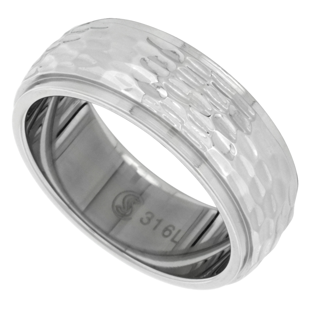 Surgical Stainless Steel 8mm Hammered Wedding Band Ring Domed Recessed Edges, sizes 9 - 12