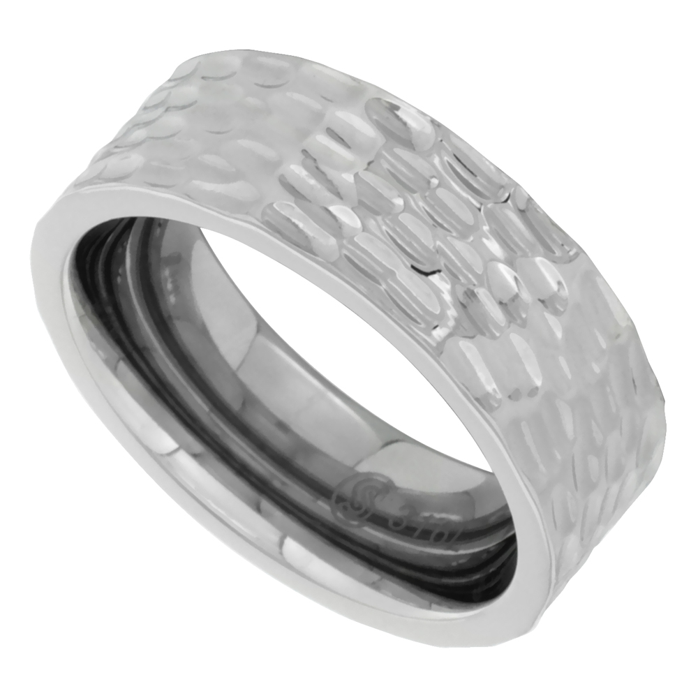 Surgical Stainless Steel 8mm Hammered Wedding Band Ring, sizes 9 - 12