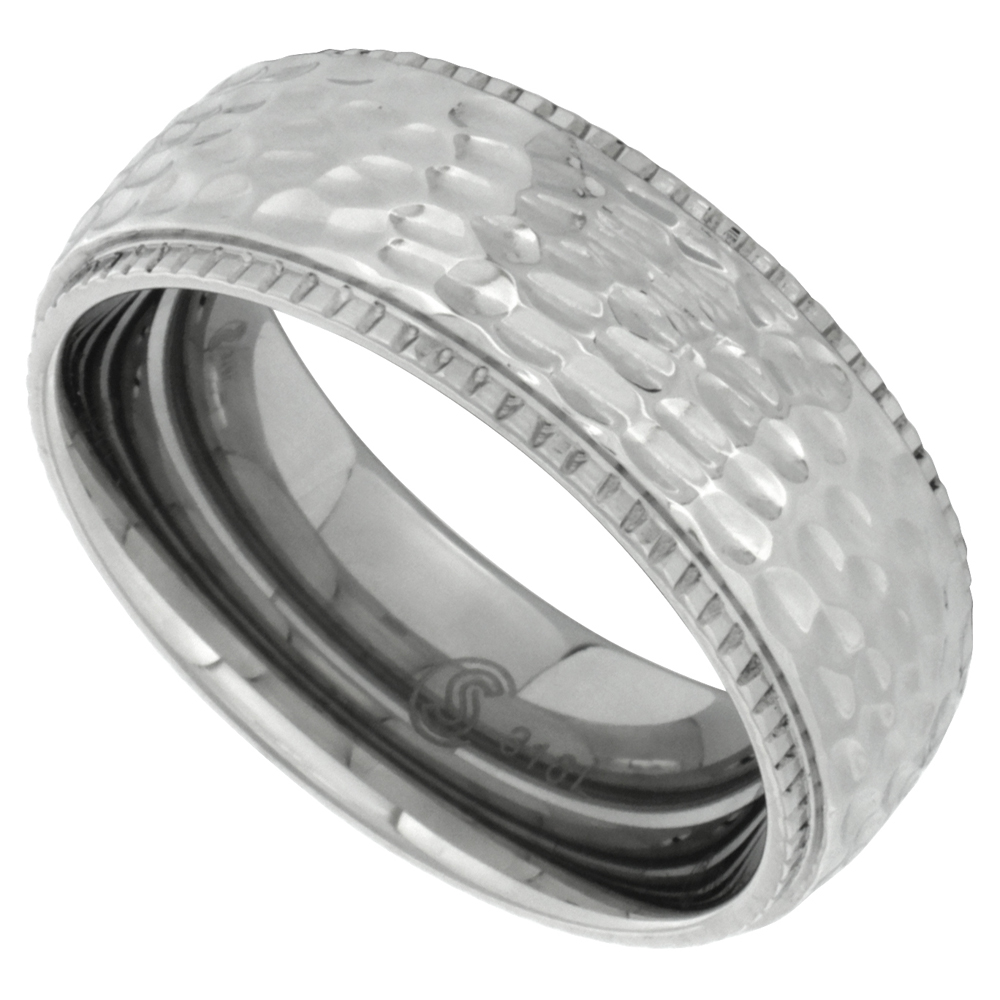 Surgical Stainless Steel 8mm Milgrain Hammered Wedding Band Ring Domed Comfort-Fit, sizes 9 - 12