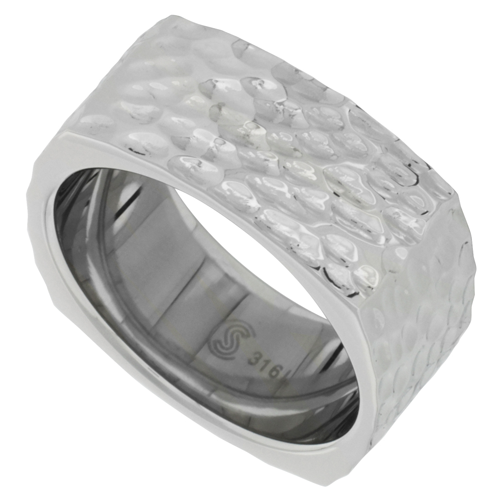 Surgical Stainless Steel 9 mm Hammered Square Wedding Band Ring, sizes 9 - 12