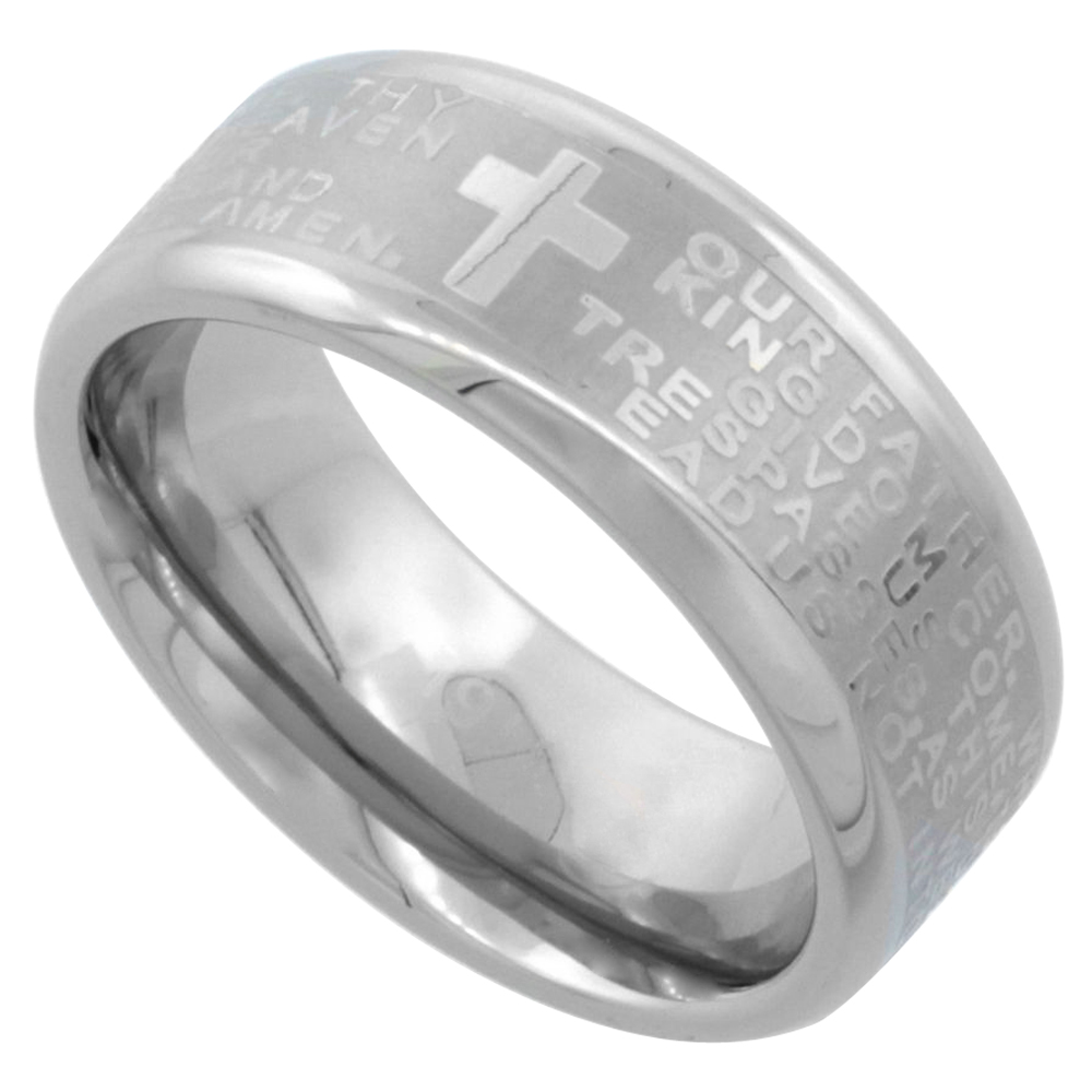 Surgical Stainless Steel 8mm Lord&#039;s Prayer Wedding Band Ring Bullnose Edges Comfort-Fit, sizes 8 - 14