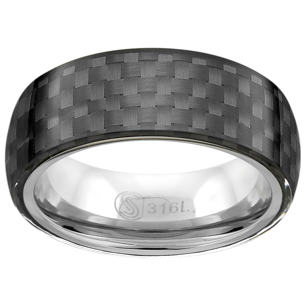 Surgical Stainless Steel 8mm Black Carbon Fiber Wedding Band Ring Domed Comfort-Fit, sizes 9 - 13