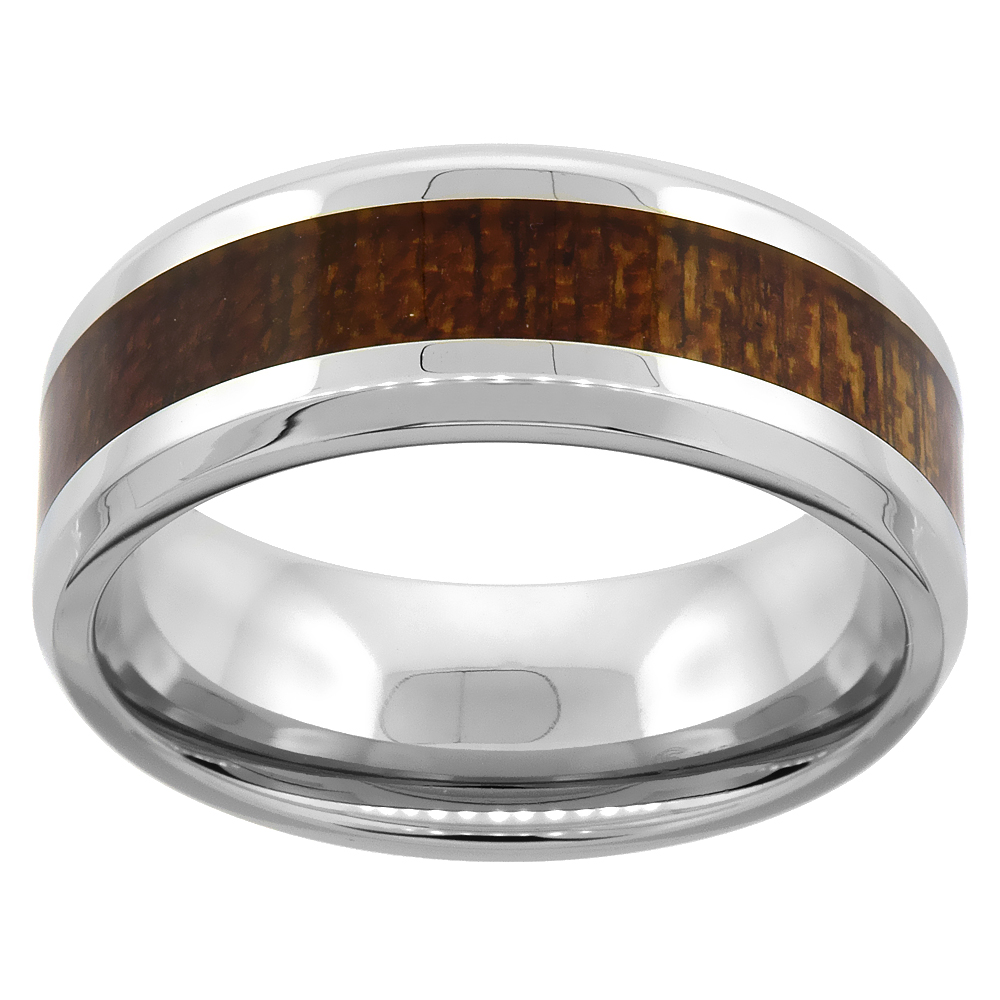 Surgical Stainless Steel 8mm Wood Inlay Wedding Band Ring Flat Beveled Edges Comfort-Fit, sizes 9 - 13