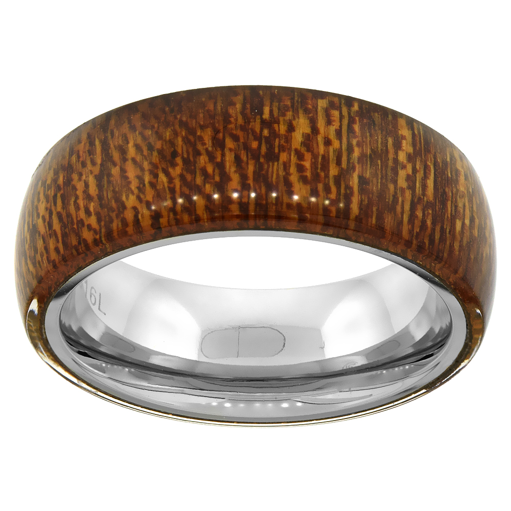 Surgical Stainless Steel 8mm Wood Veneer Wedding Band Ring Domed Comfort-Fit, sizes 9 - 13
