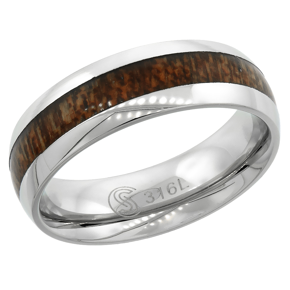 Surgical Stainless Steel 6mm Wood Inlay Wedding Band Ring Domed Polished Edges Comfort-Fit, sizes 6 - 8.5