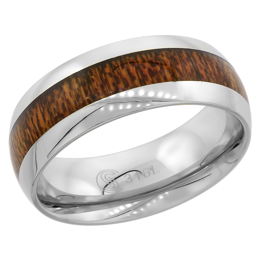 Surgical Stainless Steel 8mm Wood Inlay Wedding Band Ring Domed Polished Edges Comfort-Fit, sizes 9 - 13