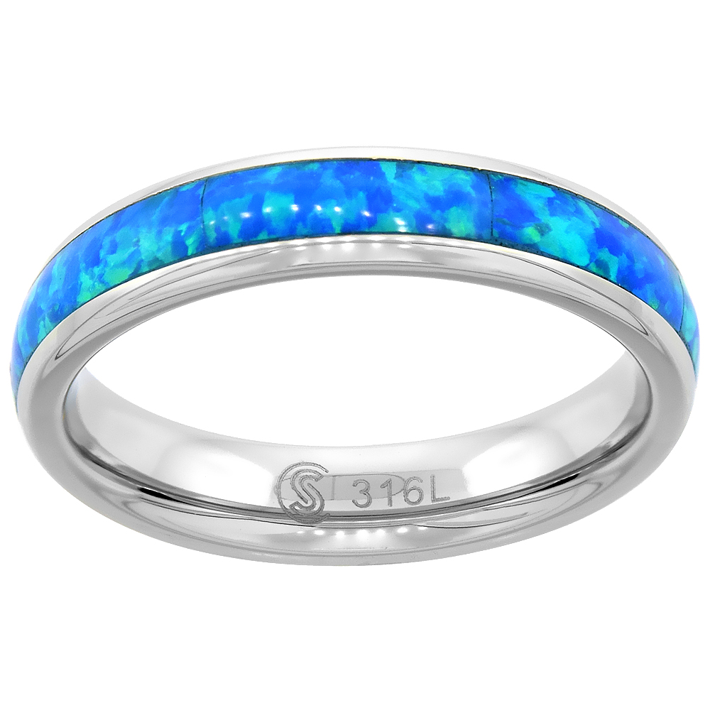 Surgical Stainless Steel 4 mm Synthetic Opal Inlaid Wedding Band Ring Domed Comfort Fit, sizes 6 - 9