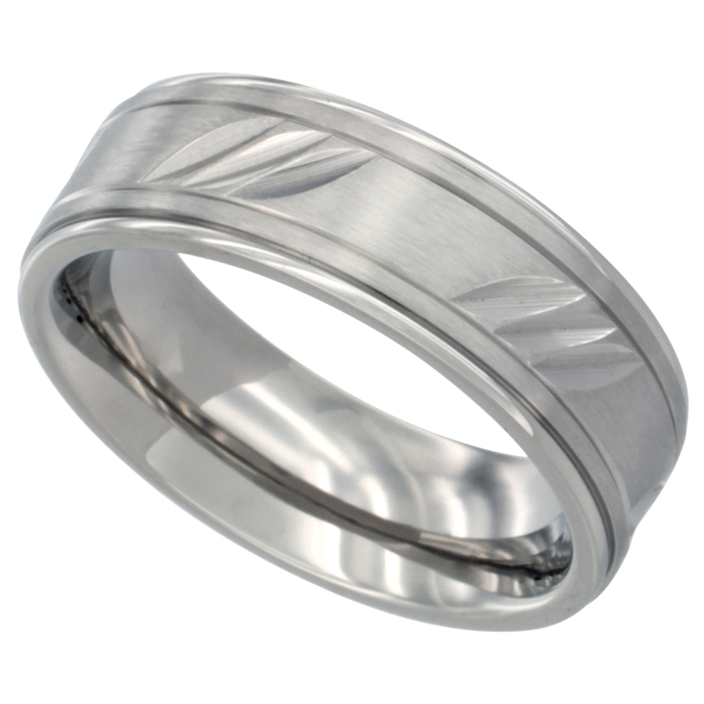 Surgical Stainless Steel Mens Flat 7mm Wedding Band Ring Diagonal Carved Stripes Comfort fit, sizes 8-12