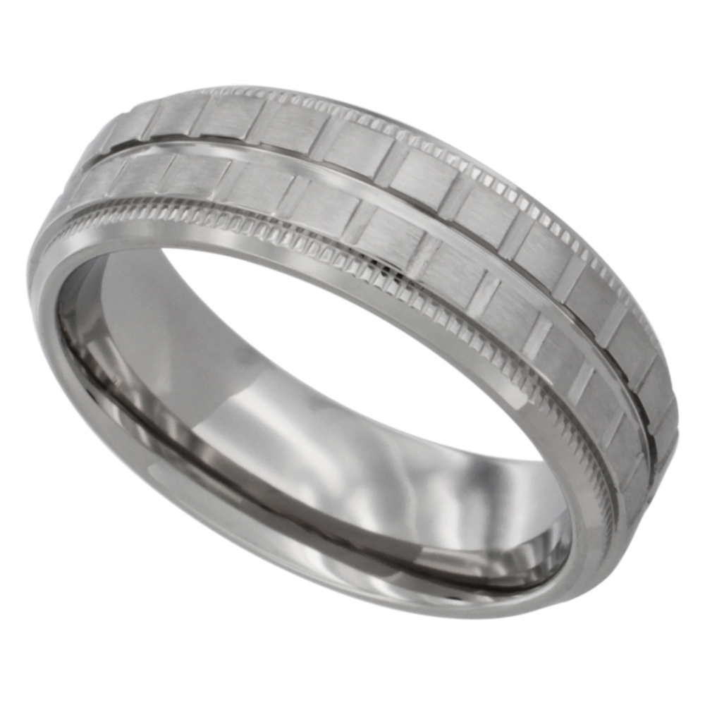 Stainless Steel Mens 7mm Milgrain Wedding Band Ring Square Blocks Pattern Comfort fit, sizes 8-12