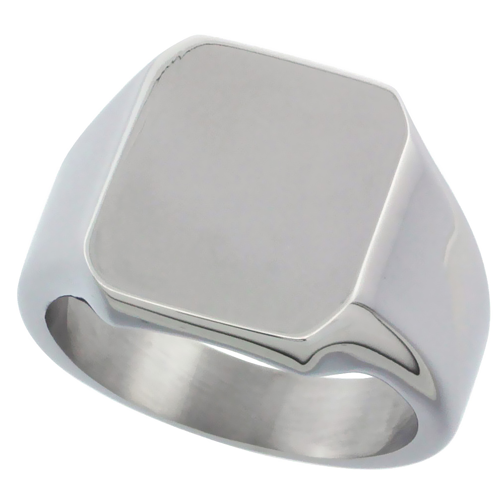Surgical Stainless Steel Octagon Signet Ring Solid Back Flawless Finish 9/16 inch, sizes 8 to 13