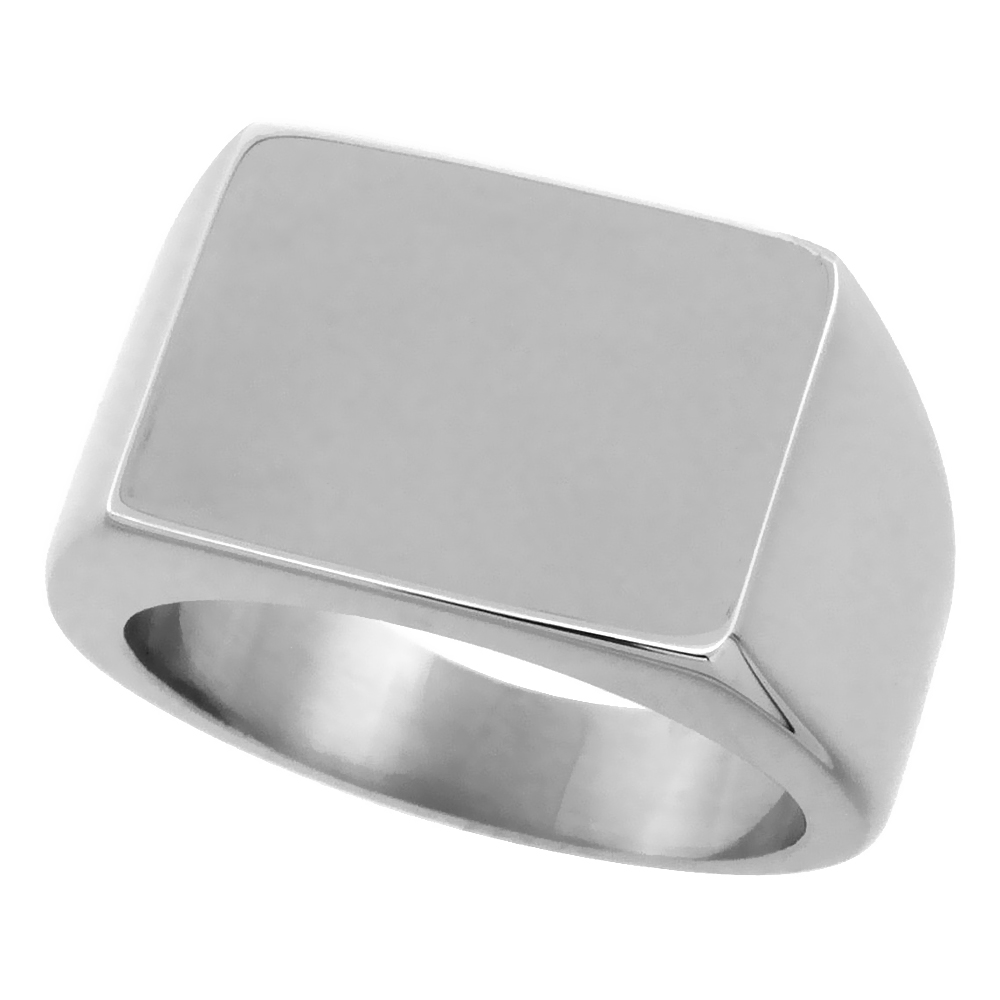 Surgical Stainless Steel Rectangular Signet Ring Solid Back Flawless Finish 1/2 inch, sizes 8 to 13