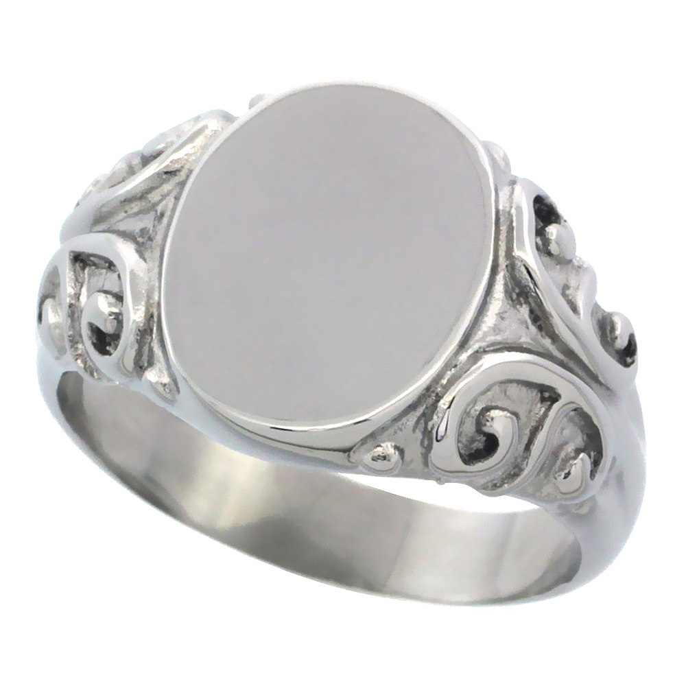 Stainless Steel Medium Signet Ring Solid Back Flawless Finish with C Scrolls 1/2 inch, sizes 5 - 10
