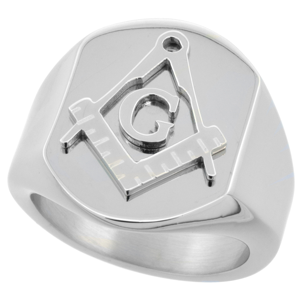SURGICAL STAINLESS STEEL MASONIC RING SQUARE AND COMPASS 3/4 INCH SIZES 8 - 14