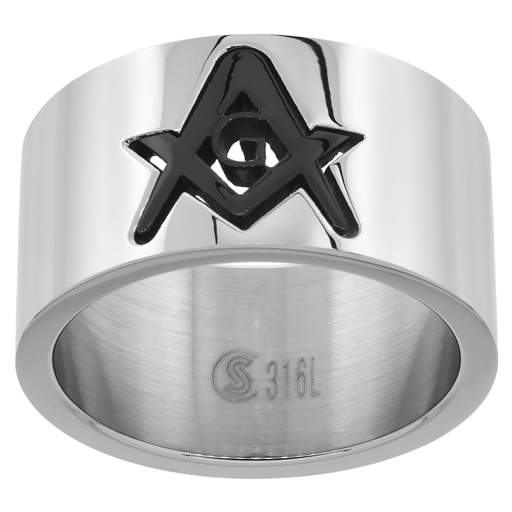 Stainless Steel Masonic Symbol Wedding Band Ring 12mm Square &amp; Compass Black Flat Polished, sizes 9 - 12