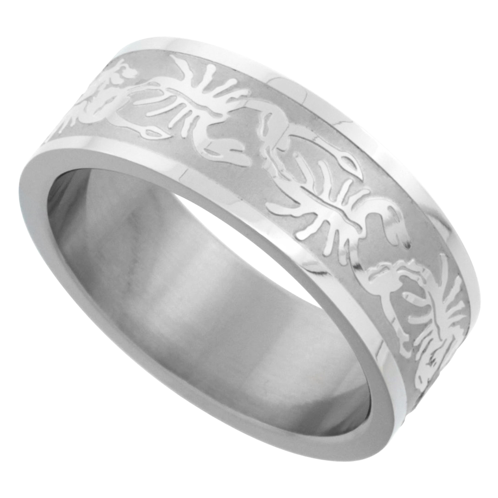 Surgical Stainless Steel 8mm Scorpion Wedding Band Ring Erched Pattern Matte finish, sizes 8 - 14