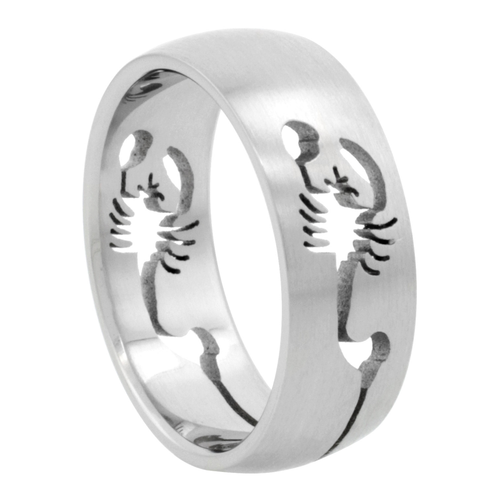Surgical Stainless Steel 8mm Scorpion Wedding Band Ring Cut-out Pattern, sizes 8 - 14