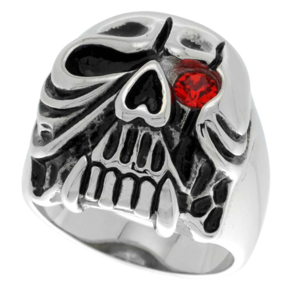 Surgical Stainless Steel Skull Ring with Fangs and Red CZ Eye, Sizes 9 - 15