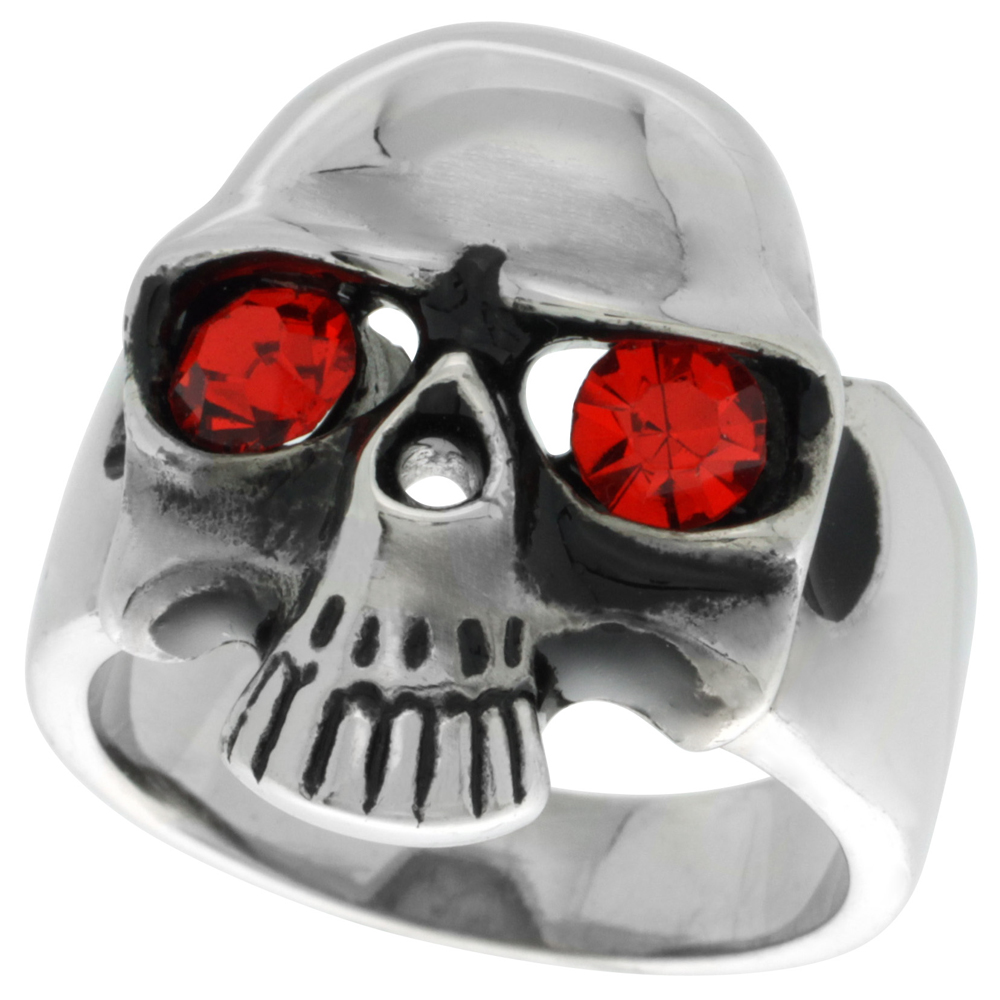 Stainless Steel Skull Ring Red CZ Eyes biker Rings for men sizes 9 - 15