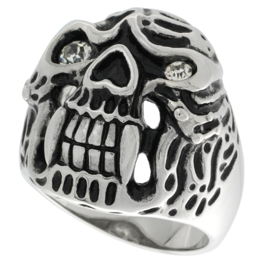 Stainless Steel Alien Skull White CZ Eyes Ring Biker Rings for men sizes 9 - 15