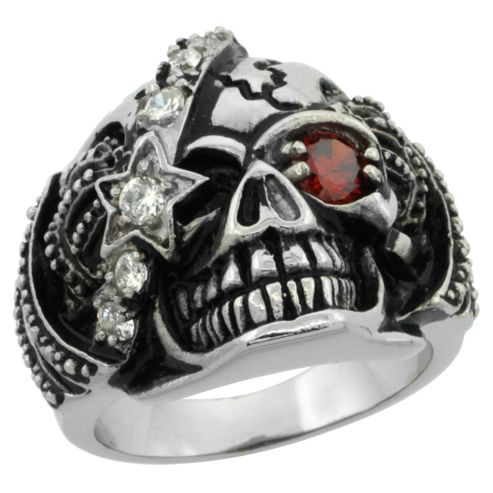 Stainless Steel Skull Ring Eye patch CZ Red Eye Crown on the sides Biker Rings for men sizes 9 - 15
