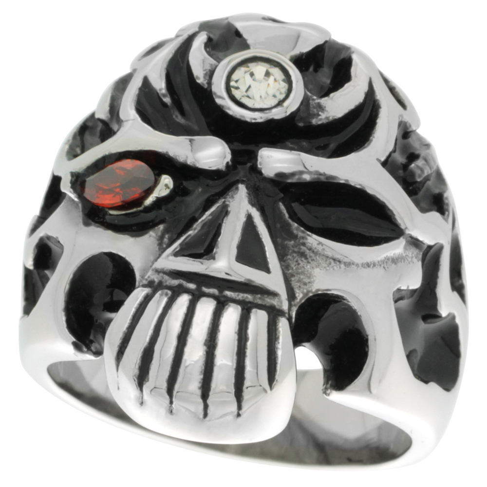 Stainless Steel Skull Ring Red CZ Eye and Jeweled Forehead Biker Rings for men sizes 9 - 15