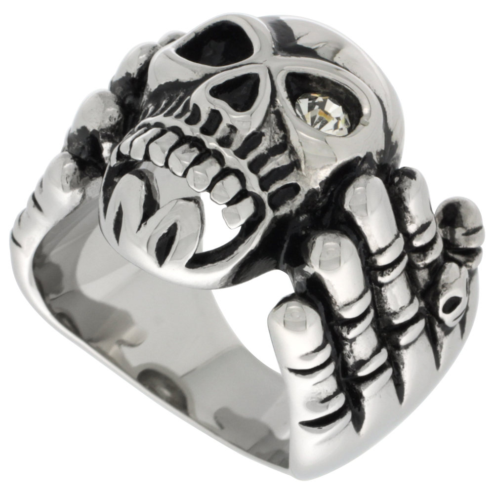 Stainless Steel Skeleton Hand Holding a Skull Ring White CZ Eye Biker Rings for men sizes 9 - 15