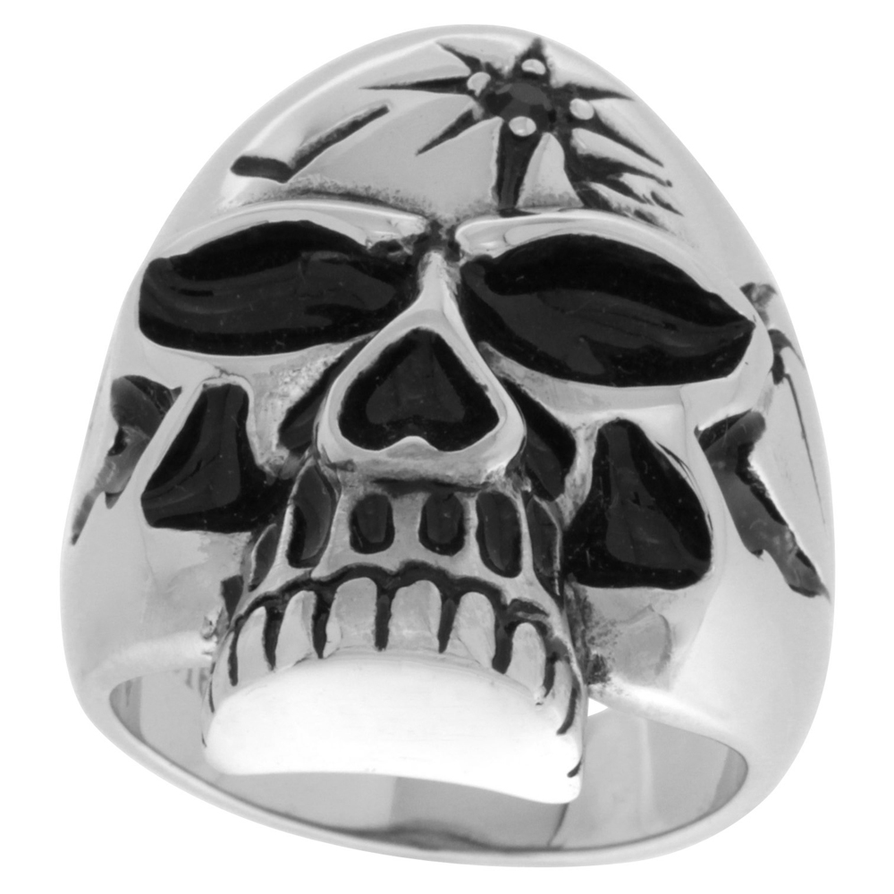 Stainless Steel Skull Ring Black CZ Bullet Hole on Forehead Biker Rings for men sizes 9 - 15
