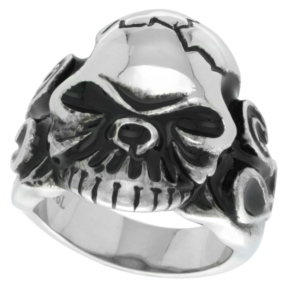 Stainless Steel Cracked Skull Ring Flames Sides Biker Rings for men sizes 9 - 15
