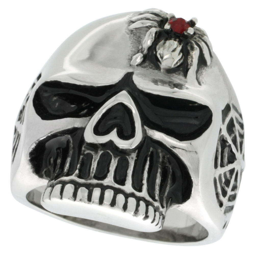 Stainless Steel Skull Ring Red CZ Spider on Forehead Spider Web Sides Biker Rings for men sizes 9 - 15