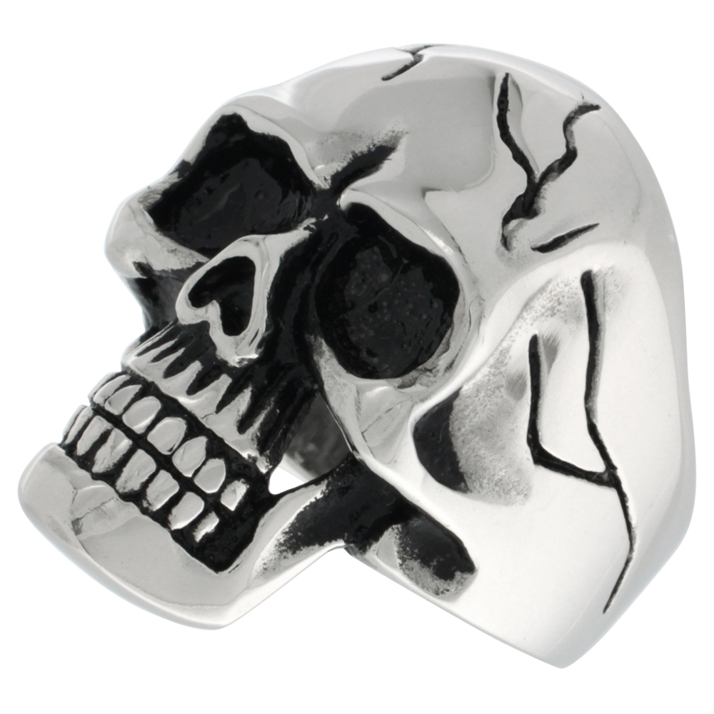 Stainless Steel Skull Ring Cracks on Forehead and Sides Biker Rings for men sizes 9 - 15
