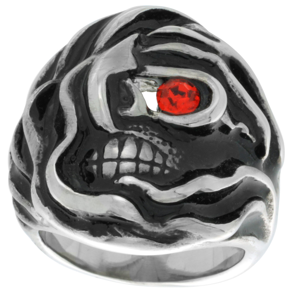 Stainless Steel Mummy Skull Ring Red CZ Eye Biker Rings for men sizes 9 - 15