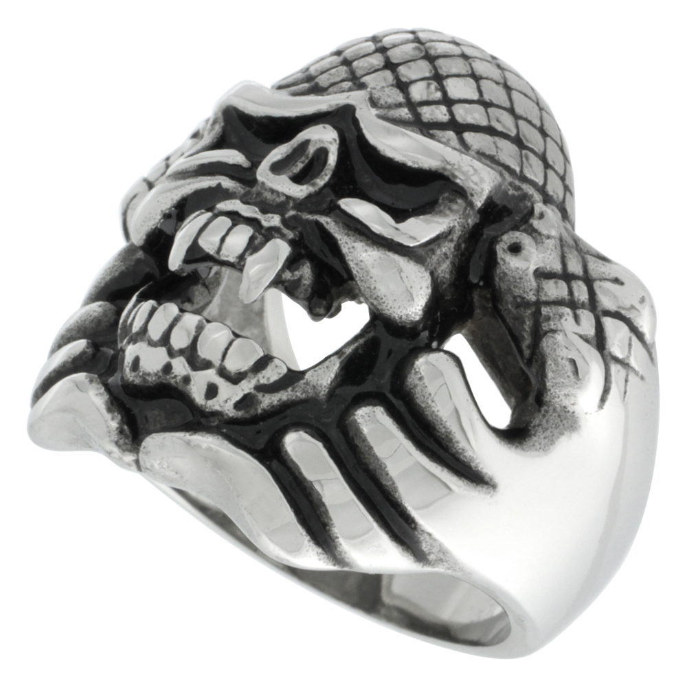 Stainless Steel Snake Holding Up Vampire Skull Ring Scaly Skin Biker Rings for men sizes 9 - 15