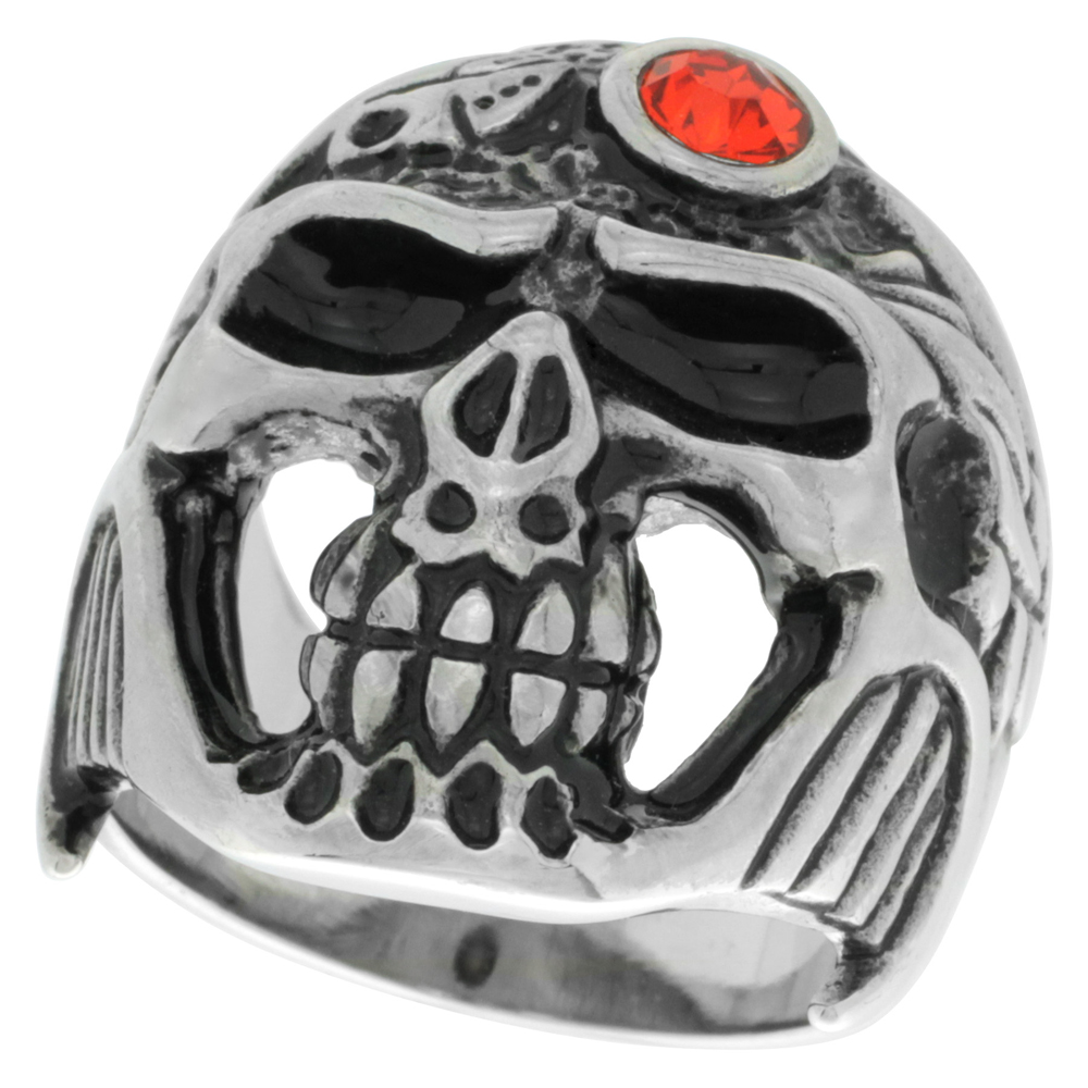 Stainless Steel Skull Ring Jeweled Helmet Red CZ Biker Rings for men sizes 9 - 15