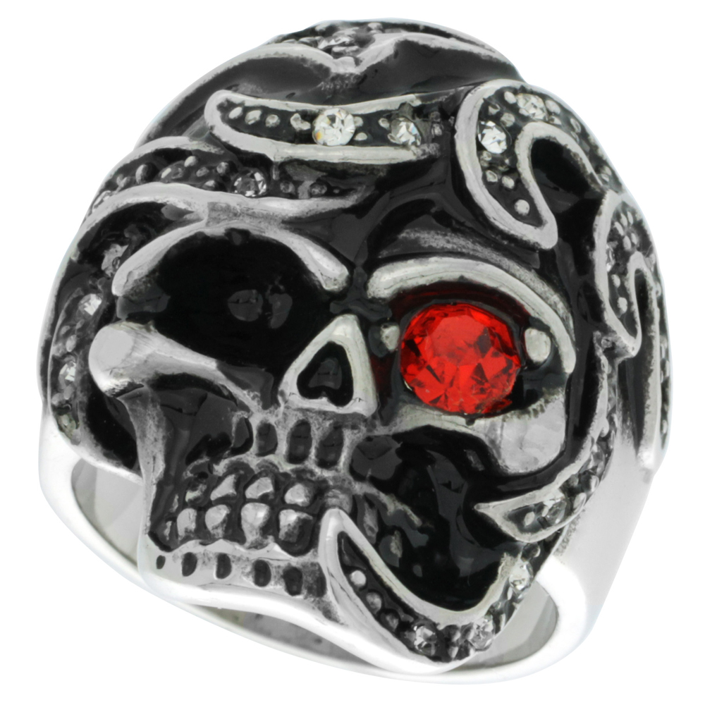 Stainless Steel Skull Ring Red CZ Eye Jeweled Decorated Helmed Biker Rings for men sizes 9 - 15