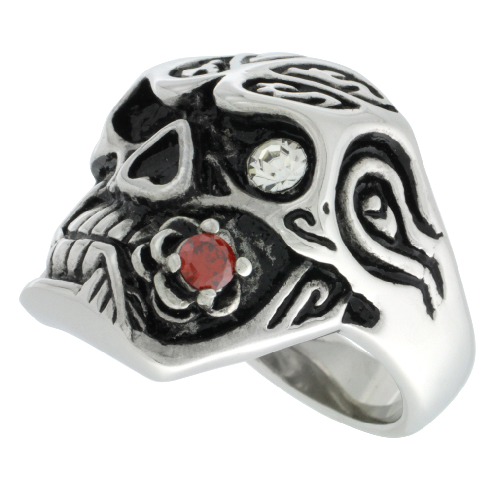 Stainless Steel Skull Ring White CZ Eye &amp; Biting Red CZ Rose Biker Rings for men sizes 9 - 15