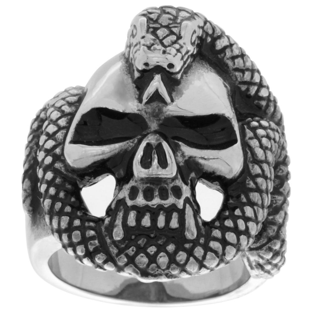 Stainless Steel Vampire Skull Ring with Snake Biker Rings for men sizes 9 - 15