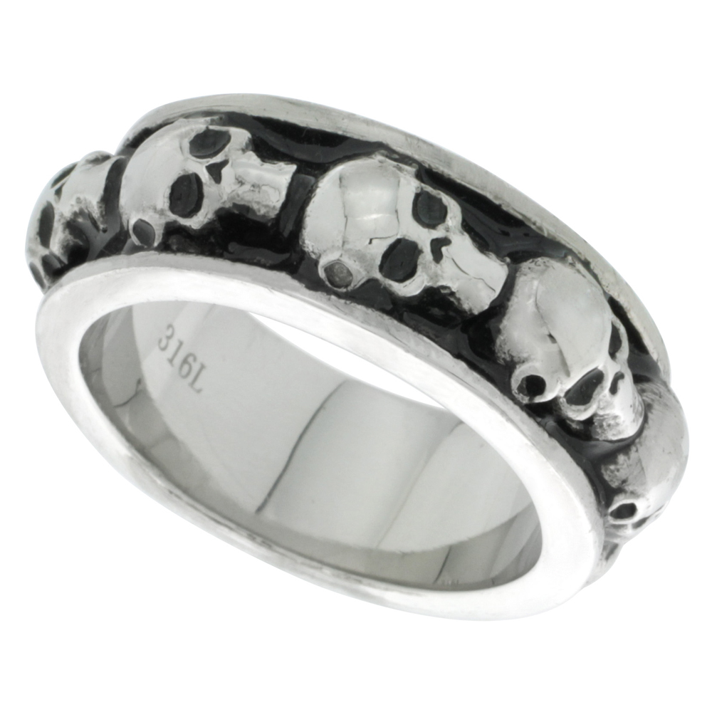 Surgical Stainless Steel Skull Wedding Ring 9 mm, sizes 9 - 15