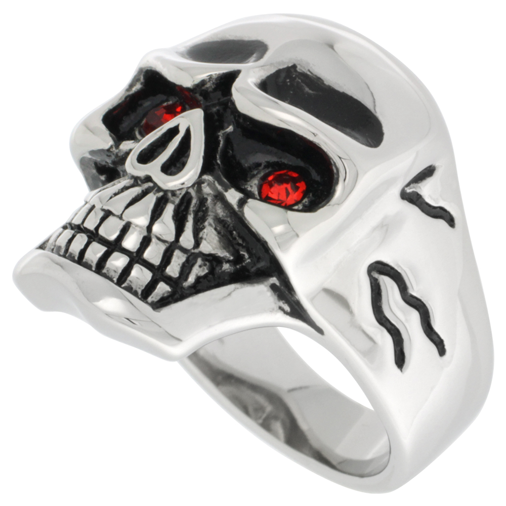 Stainless Steel Skull Ring Red CZ Eyes Cracks on the Sides Biker Rings for men sizes 9 - 15