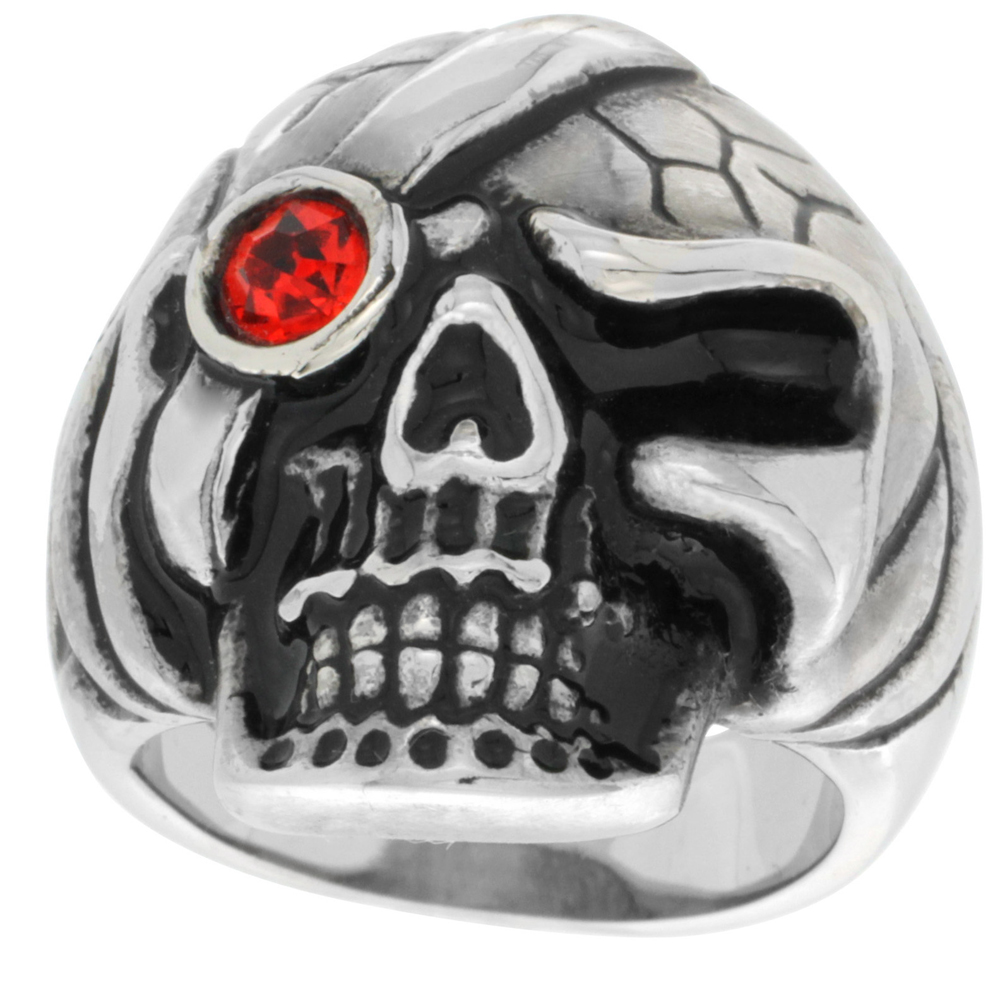 Stainless Steel Skull Ring Red CZ Eye patch Biker Rings for men sizes 9 - 15