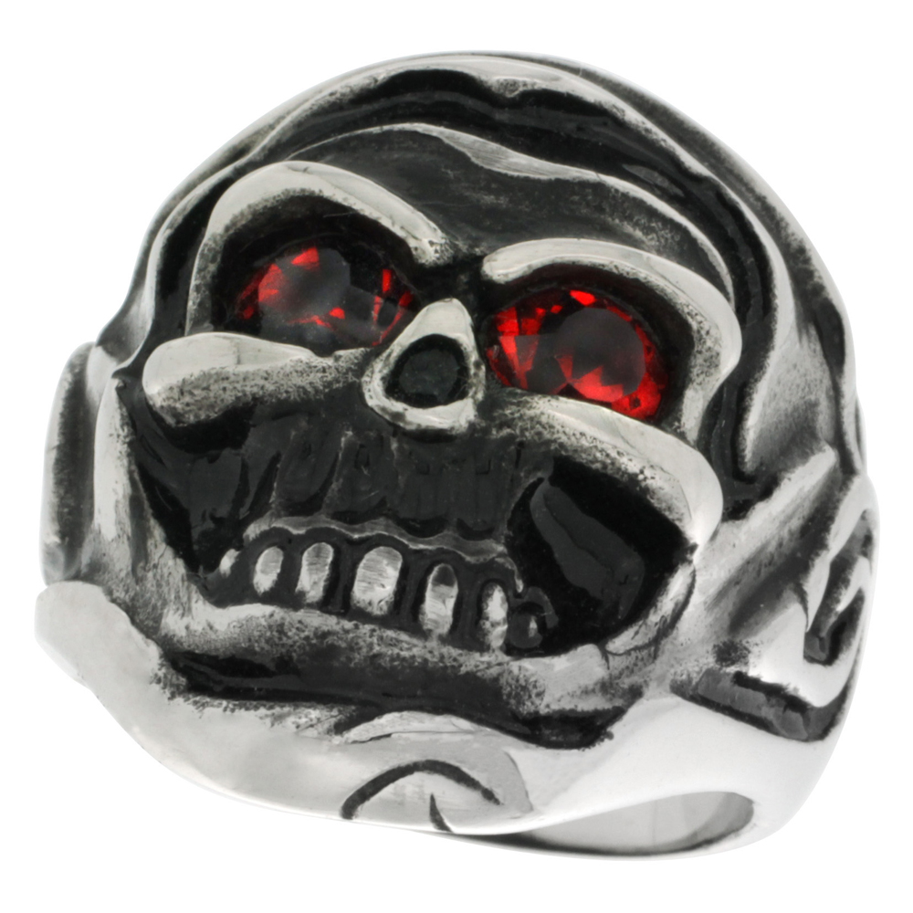 Stainless Steel Decomposing Skull Ring Red CZ Eyes Biker Rings for men sizes 9 - 15