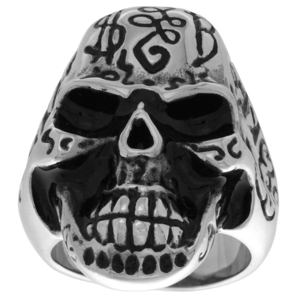 Stainless Steel Skull Decorated Ring Graffiti Biker Rings for men sizes 9 - 15