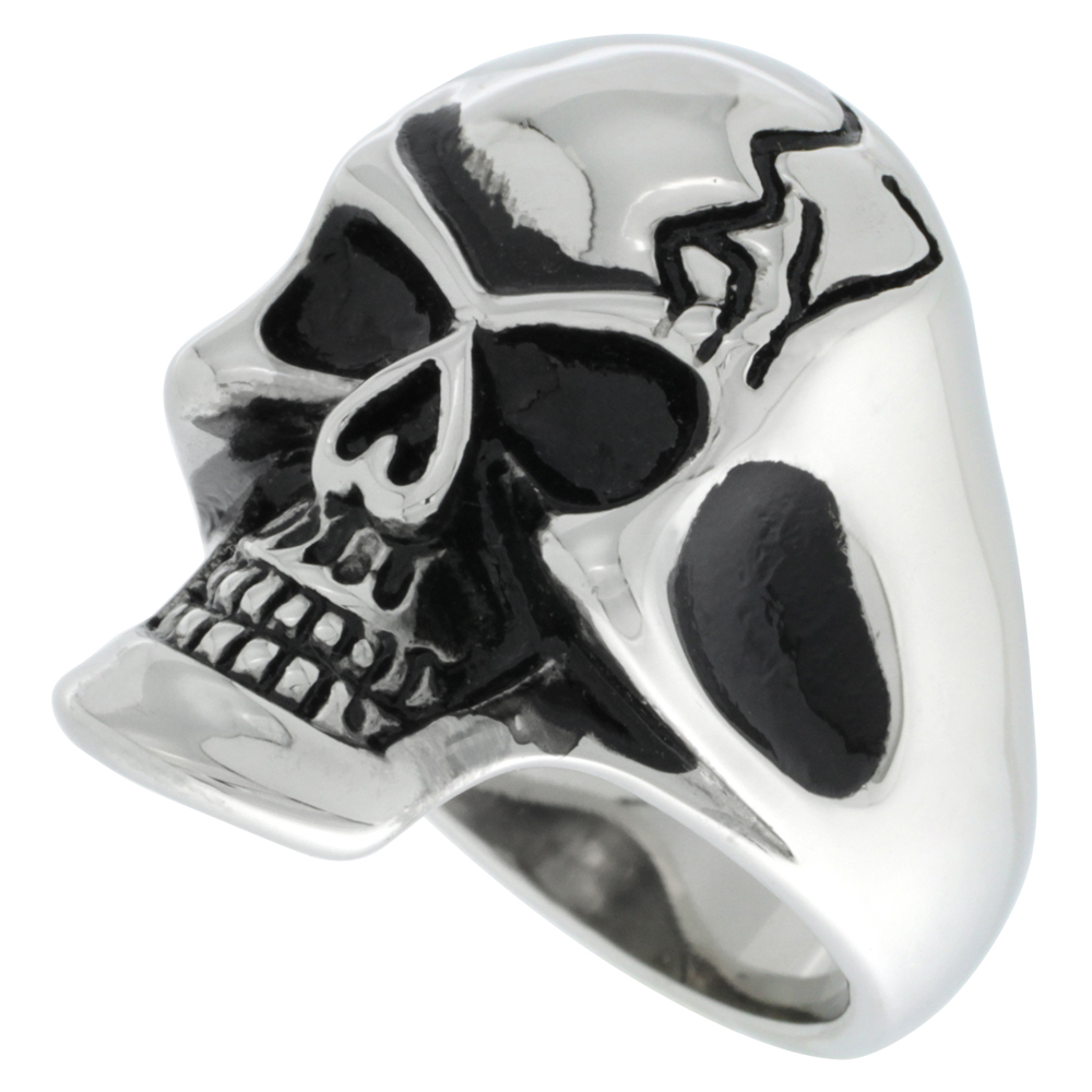 Stainless Steel Skull Ring Cracks on Forehead Biker Rings for men sizes 9 - 15