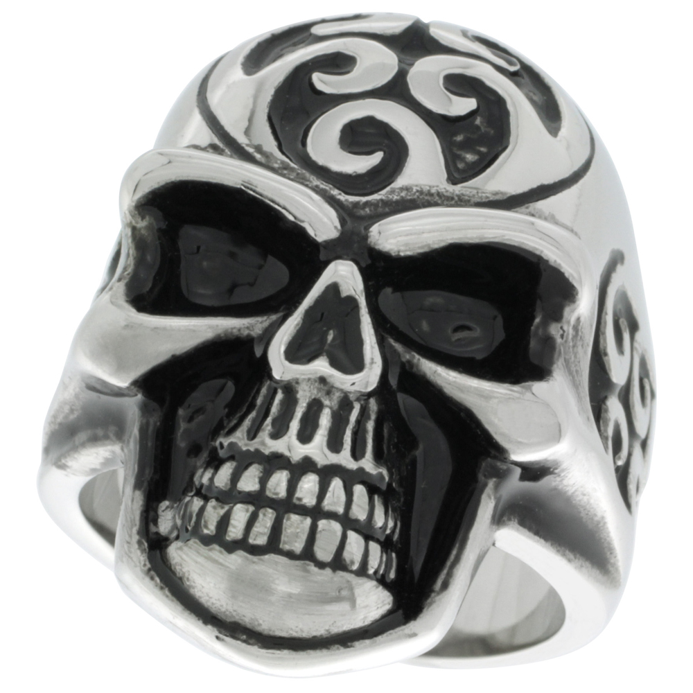 Stainless Steel Skull Ring Wave Tattoos biker Rings for men sizes 9 - 15