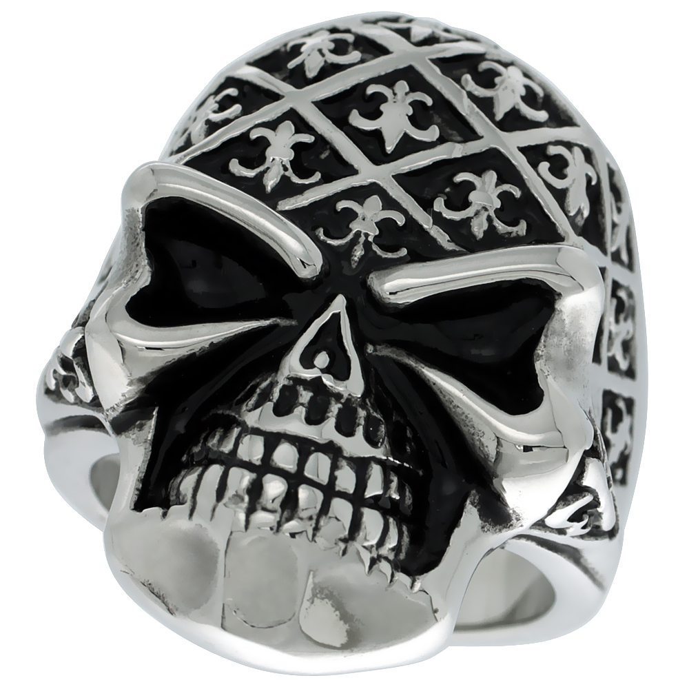Stainless Steel Skull Decorated Ring Fleur De Lis Biker Rings for men sizes 9 - 15