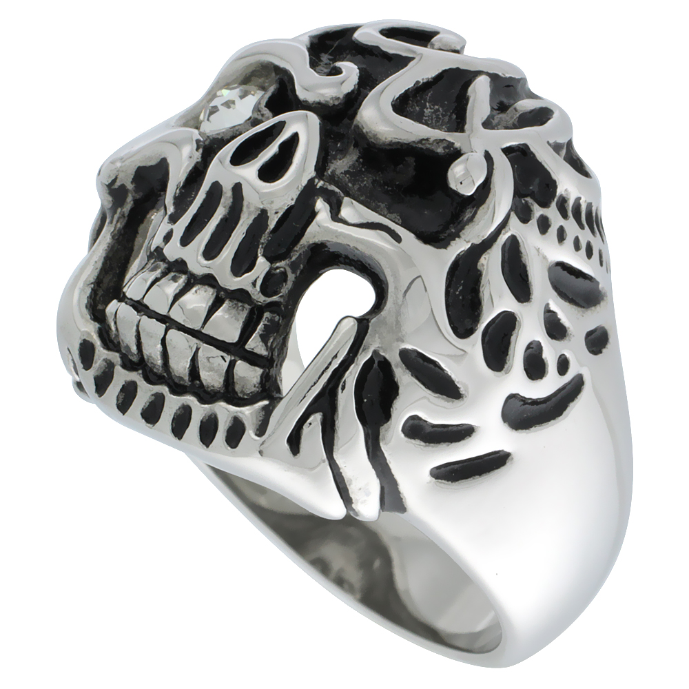 Stainless Steel Decomposing Skull Ring White CZ Eye Biker Rings for men sizes 9 - 15