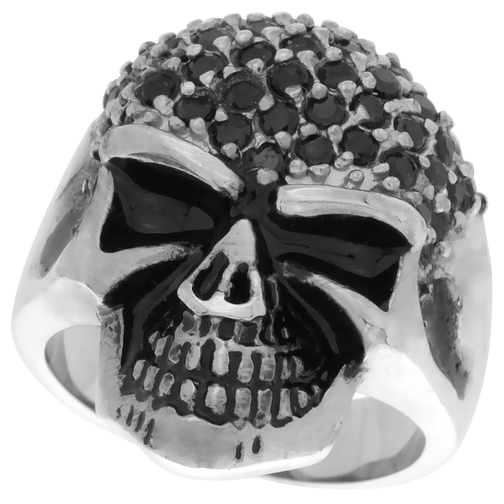 Stainless Steel Skull Ring Black CZ Covered Forehead Biker Rings for men sizes 9 - 15