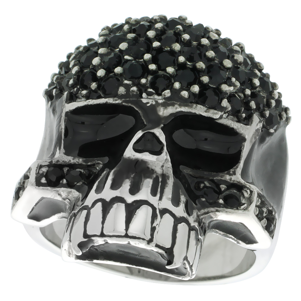 Stainless Steel Skull Ring Black CZ Covered Forehead & Cheeks Biker Rings for men sizes 9 - 15