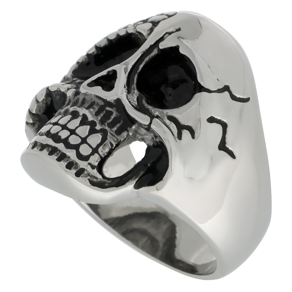 Stainless Steel Skull Ring Burnt and Cracked Biker Rings for men sizes 9 - 15